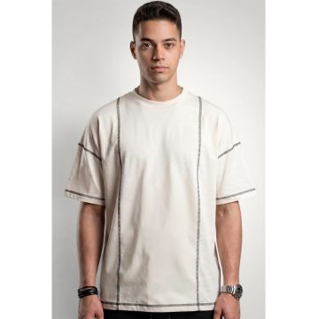 Tricou pentru barbati cu detalii contrastante din bumbac premium - Alb murdar