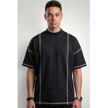 Tricou pentru barbati cu detalii contrastante din bumbac premium - Negru