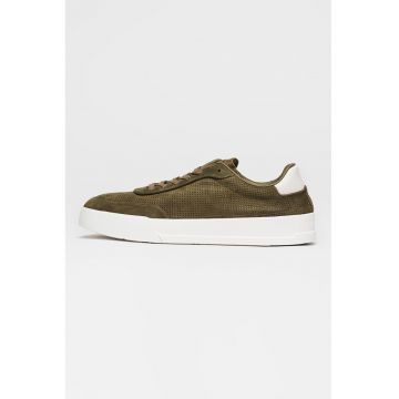 Pantofi sport din piele intoarsa cu design perforat - Verde masliniu