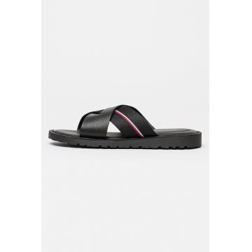 Papuci de piele cu insertii textile - Negru carbon