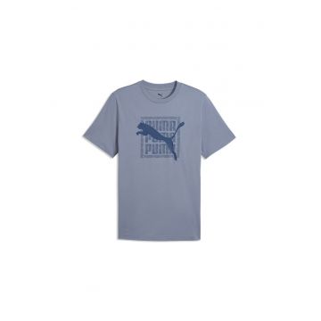 Tricou din bumbac cu imprimeu logo - Albastru prafuit/Bleumarin