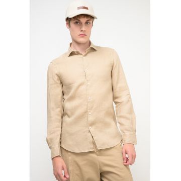 Camasa slim fit din in cu mansete cu nasturi - Maro nisip