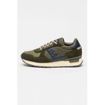 Pantofi sport low-cut cu logo si garnituri de piele intoarsa - Kaki inchis/Bleumarin