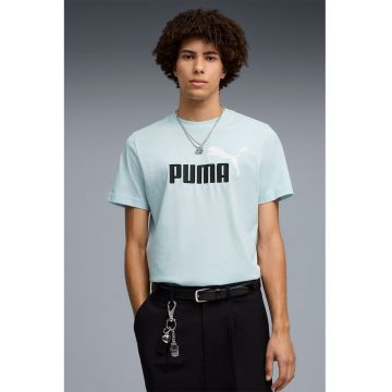 Tricou cu decolteu la baza gatului si imprimeu logo Essentials 2 - Albastru pastel/Negru