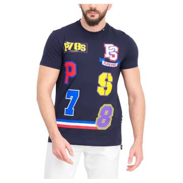 Tricou cu imprimeu si decolteu la baza gatului - Bleumarin
