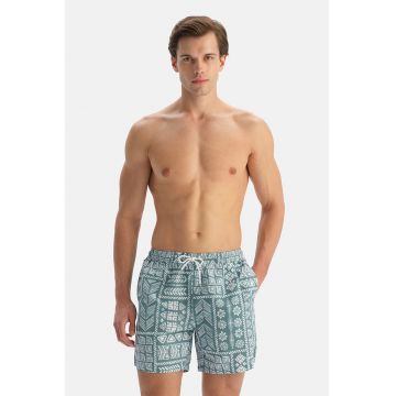 Pantaloni scurti de baie cu model grafic - Alb optic/Albastru petrol