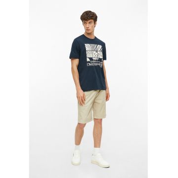 Tricou cu decolteu la baza gatului si imprimeu grafic - Alb murdar/Bleumarin