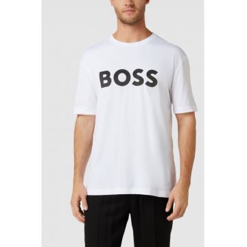 Tricou cu imprimeu logo si decolteu la baza gatului