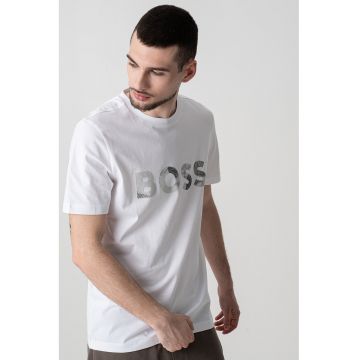 Tricou din bumbac cu imprimeu logo - Verde/Alb murdar