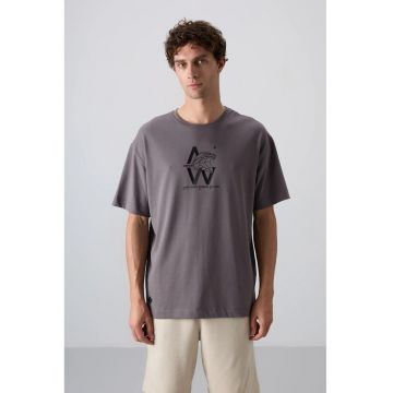 Tricou barbatesc  gri antracit - imprimeu logo - 65% bumbac - 35% poliester