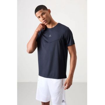Tricou  barbati - albastru marin - din poliester - cu guler rotund - detalii paneled