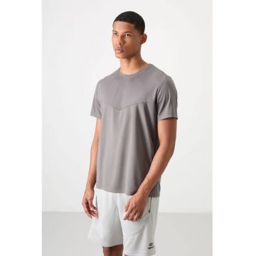 Tricou  barbati - gri ardezie - din poliester - cu guler rotund - detalii paneled