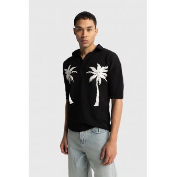 Tricou barbati -  imprimeu tropical - negru - bumbac