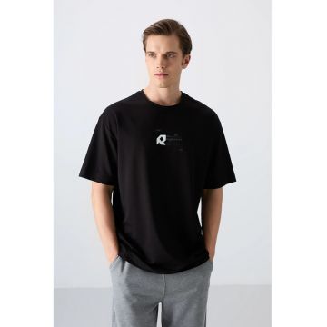 Tricou  guler rotund - imprimeu logo - negru - barbati