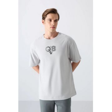 Tricou  guler rotund - logo imprimat - alb prafuit - 65% bumbac - 35% poliester