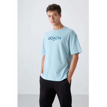 Tricou  guler rotund - logo supradimensionat - albastru deschis - bumbac 65%
