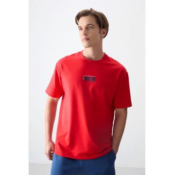 Tricou oversized -  rosu - bumbac-poliester-lycra - cu logo imprimat