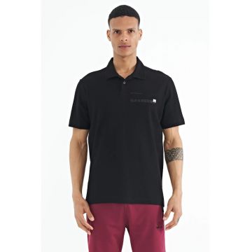 Tricou Polo  bumbac - imprimeu text - negru - pentru barbati