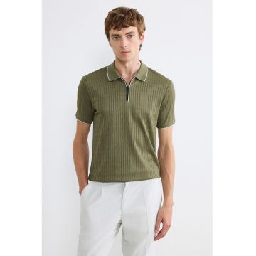 Tricou polo cu fenta cu fermoar - Kaki inchis
