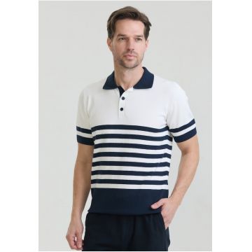 Tricou polo de bumbac cu dungi - Alb/Albastru ultramarin