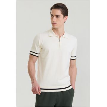 Tricou polo de bumbac cu fenta cu fermoar - Alb fildes/Negru