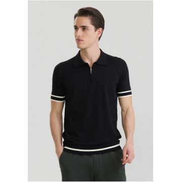 Tricou polo de bumbac cu fenta cu fermoar - Alb/Negru