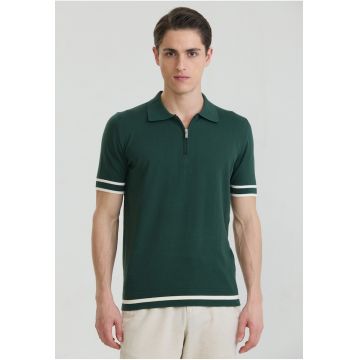 Tricou polo de bumbac cu fenta cu fermoar - Alb/Verde englez