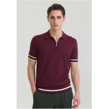 Tricou polo de bumbac cu fenta cu fermoar - Alb/Violet tyrian