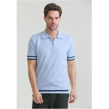 Tricou polo de bumbac cu fenta cu fermoar - Albastru ultramarin/Albastru azur