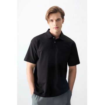 Tricou Polo  Oversized - Negru - Bumbac - Poliester - Lycra