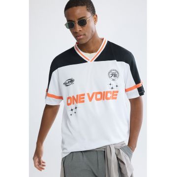 Tricou supradimensionat cu decolteu in V - Alb/Negru