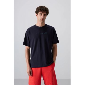 Tricou  supradimensionat - cu guler rotund - imprimat pe spate - Albastru marin - bumbac-poliester