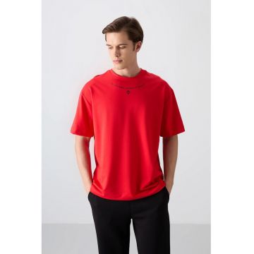 Tricou  supradimensionat cu guler rotund - imprimeu - rosu - barbati