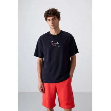 Tricou supradimensionat -  decolteu rotund - imprimeu logo - Albastru Marin - bumbac - poliester - lycra