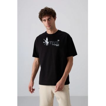 Tricou -  supradimensionat - imprimeu - negru - bumbac cu poliester si lycra