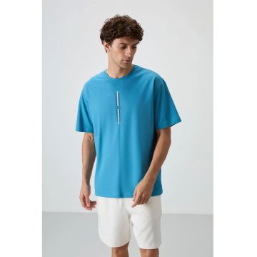 Tricou  supradimensionat - imprimeu spate - Albastru Cerulean - 80% bumbac / 20% poliester