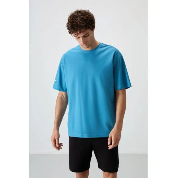 Tricou  supradimensionat - imprimeu spate - Albastru Cerulean - 80% bumbac - 20% poliester