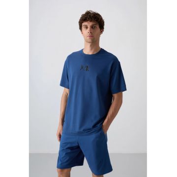 Tricou  supradimensionat - imprimeu text - albastru Moroccan - bumbac cu poliester si lycra