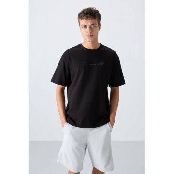 Tricou  supradimensionat - negru - bumbac-poliester - imprimeu uni