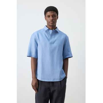 Bluza din in cu guler clasic - Albastru lavanda