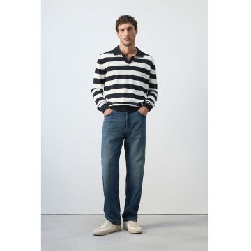 Bluza polo din bumbac cu dungi - Alb/Bleumarin