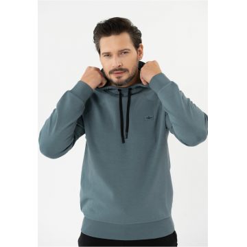 Hanorac cu gluga din bumbac - buzunar pe umar - Regular Fit - uni - mansete -  B-Almi - Albastru denim