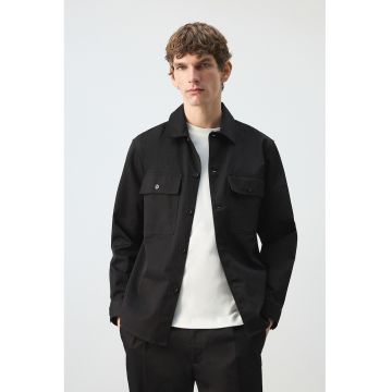 Jacheta-camasa din bumbac cu model uni - Negru