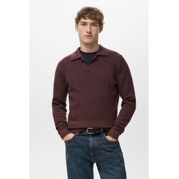Pulover polo striat din tricot - Maro cognac