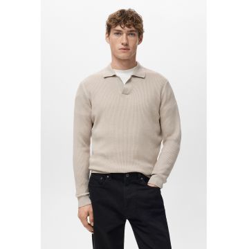 Pulover polo striat din tricot - Maro nisip