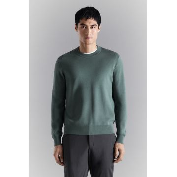 Pulover tricotat fin cu decolteu la baza gatului - Verde aquamarin