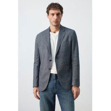 Sacou slim-fit din amestec de in - Albastru inchis melange