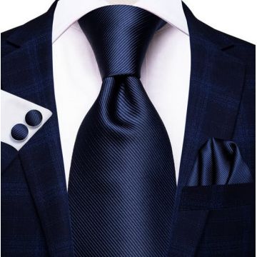 Set cravata bleumarin + batista + butoni - matase - model 435