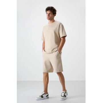 Set  Tricou Supradimensionat cu Maneca Scurta si Pantaloni Scurti - Bej Natural - Bumbac si Poliester -