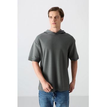 Tricou barbatesc  supradimensionat - cu gluga - gri antracit - bumbac si poliester